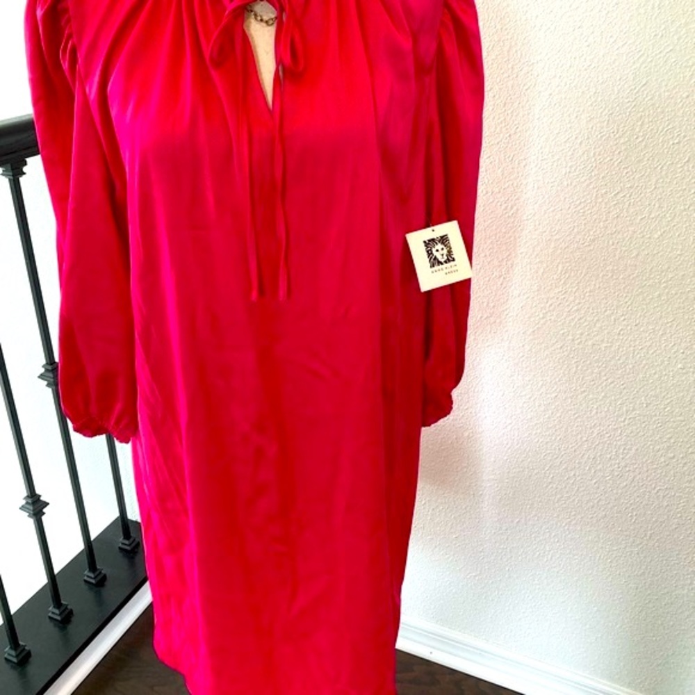 Anne Klein size 14 Women’s Bright Pink Satin Shift Dress with ruffle neckline.
